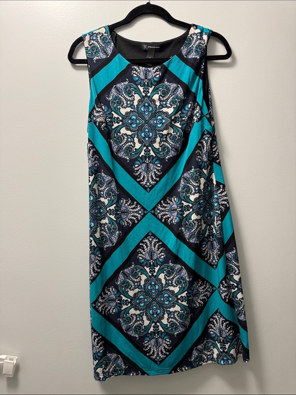 INC International Concepts Teal, Navy & White Patterned Sleeveless Midi Dress